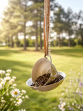Bird feeder made from a teacup and saucer hanging in a garden with flowers and trees in the background.