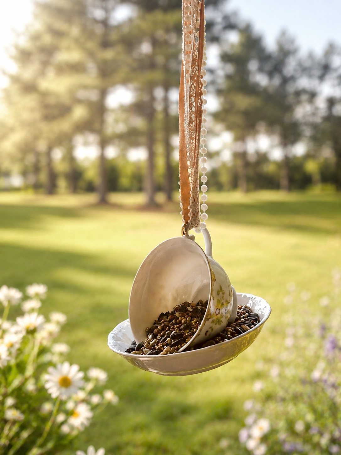 Bird feeder made from a teacup and saucer hanging in a garden with flowers and trees in the background.