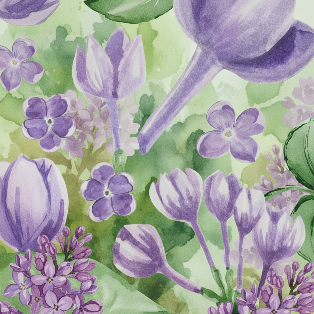 Decorative design with purple flowers and green leaves, featuring the text 'lantern & Lilac'.